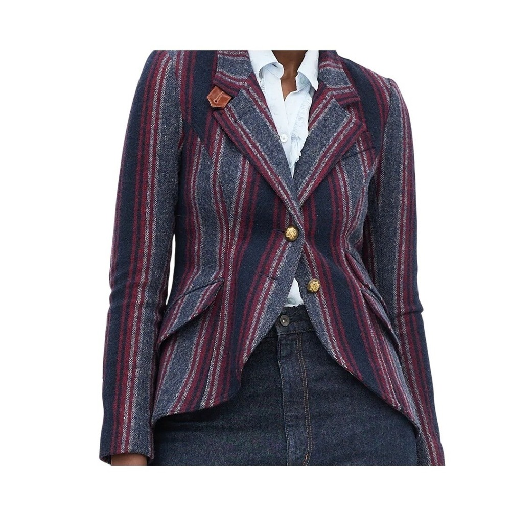 Smythe Womens 4 Navy Red Stripe Wool Blend Leather Elbow Patches Hunting Blazer
